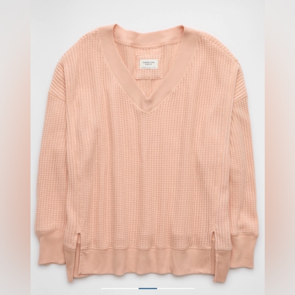 American Eagle Women’s Oversized Big Hug V-Neck Waffle Sweatshirt Light Pink L